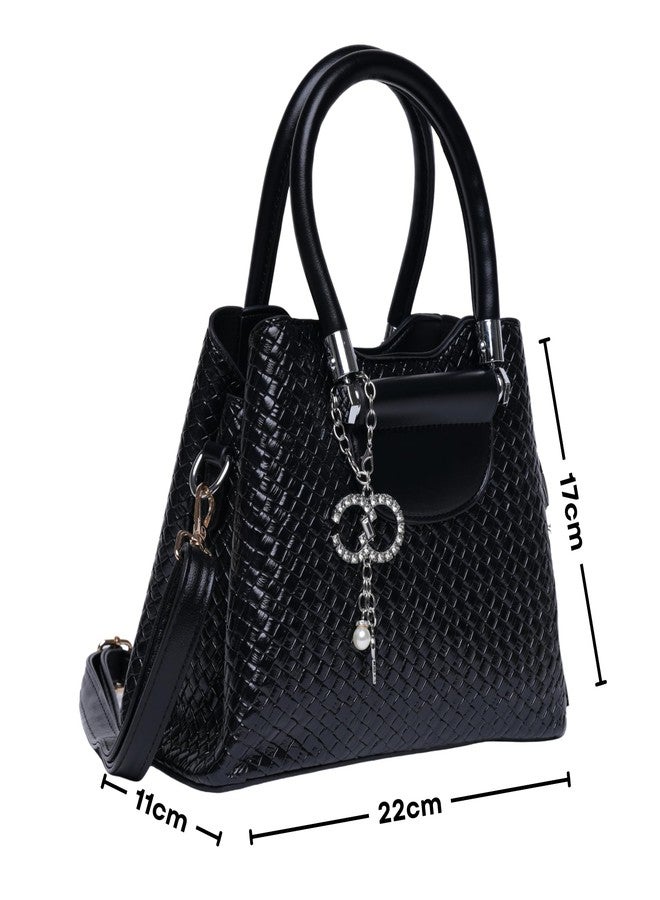 SANTORINI Vexa Textured Satchel Handbag | 3 Compartments (2 Magnetic + 1 Zipper) | Mini Top-Handle Bag with Sling Strap & Charm | Compact Luxury Bag for Daily Use. (Black) - Image 2